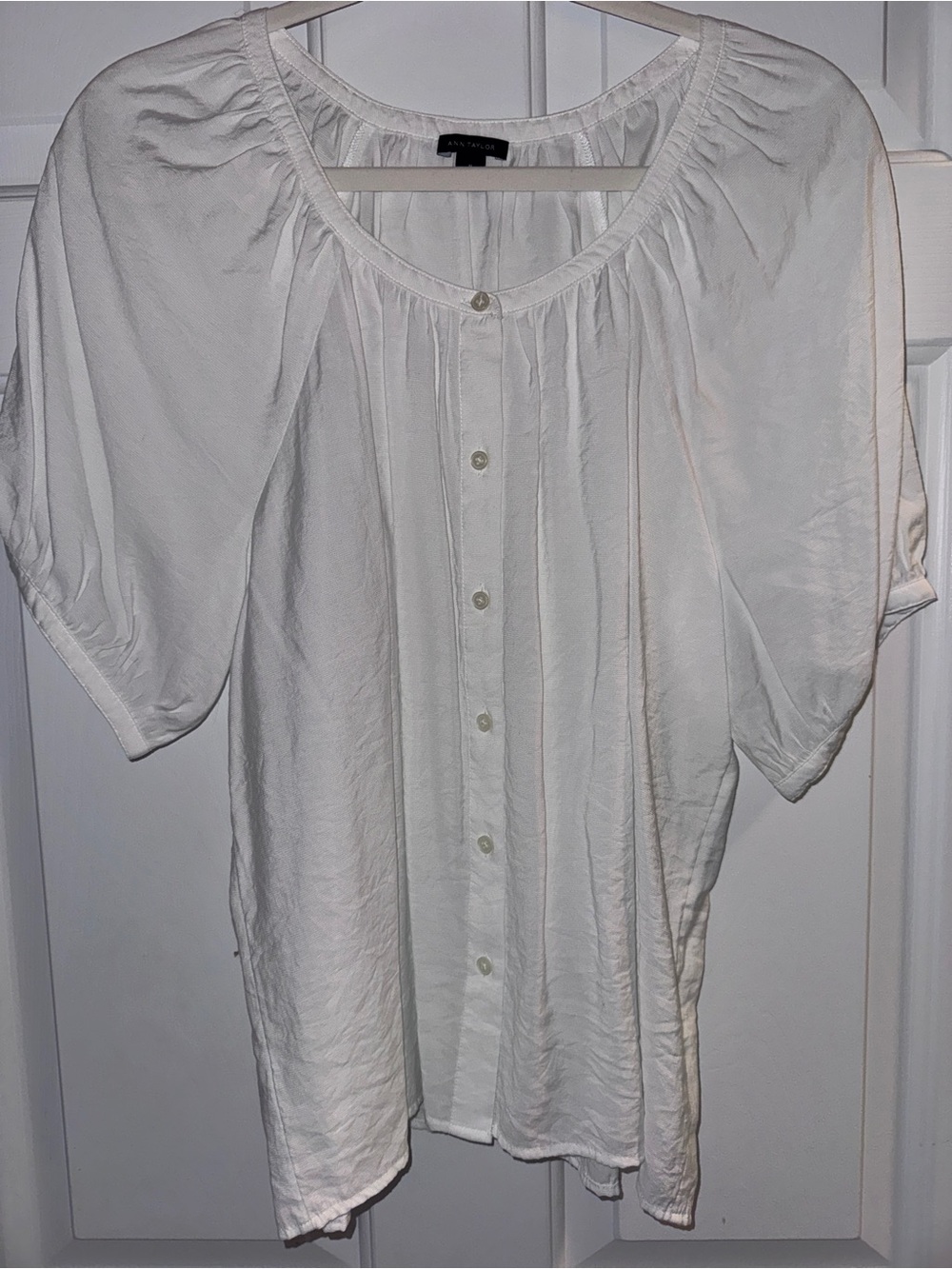 Ann Taylor White Button-Front Short Sleeve Blouse